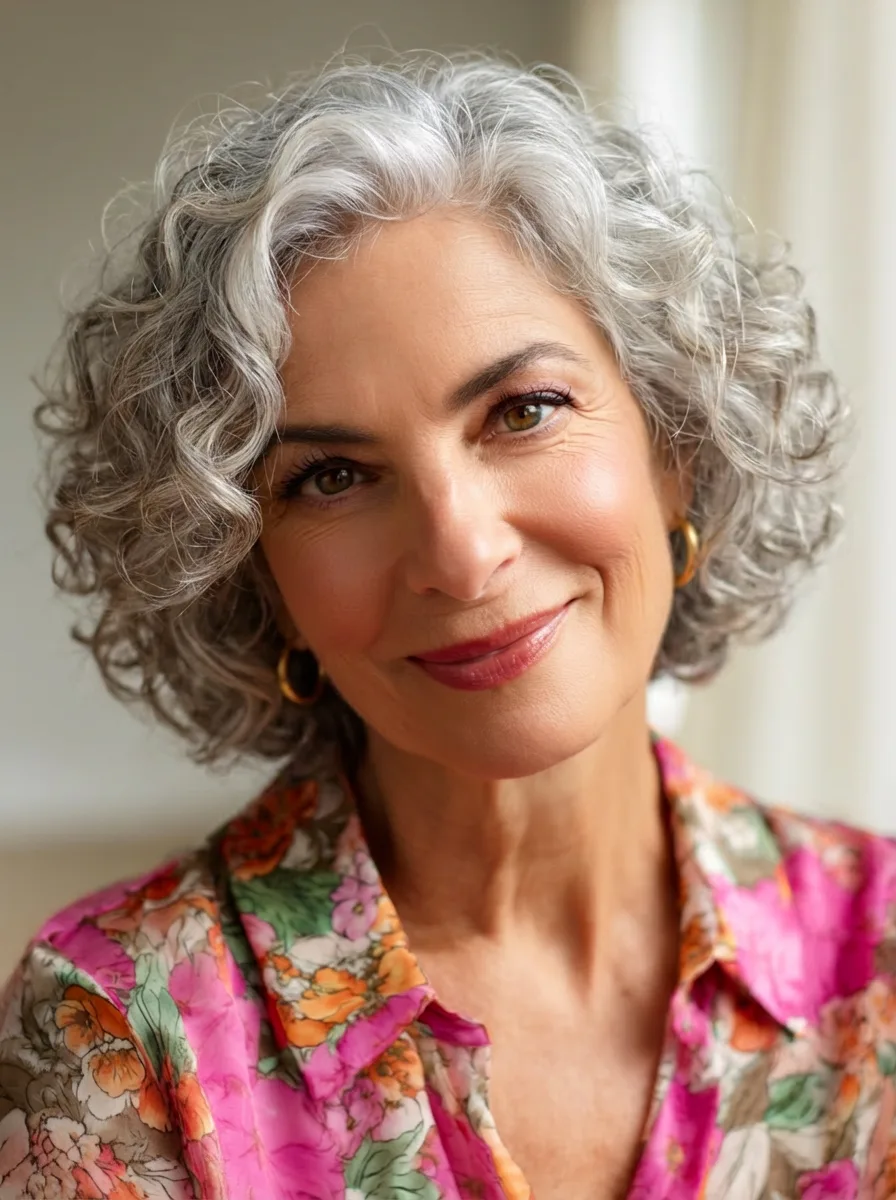 Soft Layered Silver Frost Curly Bob for Oval Faces